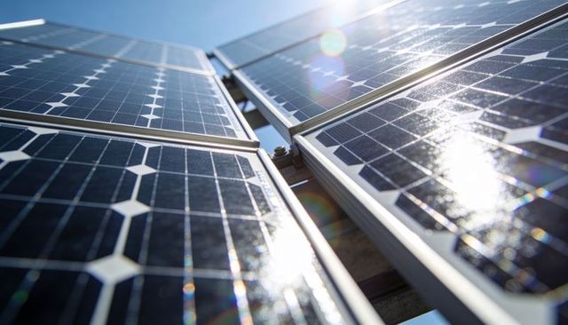 Glinting solar panels reflecting sunlight on rooftop arrays with lens flare and rails