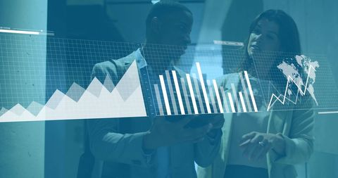 business colleagues discussing financial data with digital interface overlays - Download Free Stock Images Pikwizard.com