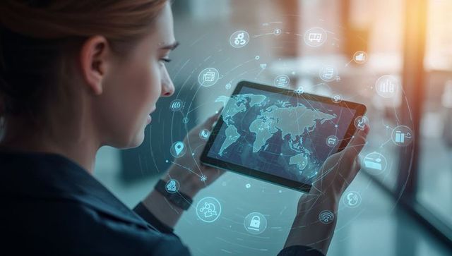 Businesswoman holding tablet with holographic world map, data analytics and cybersecurity