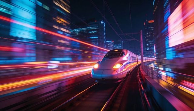 Neon bullet train racing through futuristic night city with motion blur light trails