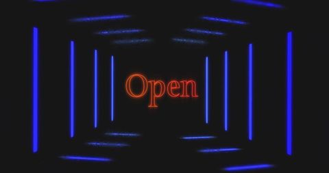 Glowing neon open sign with blue lines