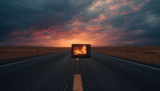 Vintage TV Displays Flames on Desert Road at Dusk