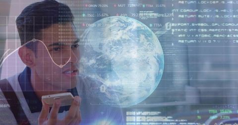 Business professional speaking into smartphone with AR globe and financial analytics HUD