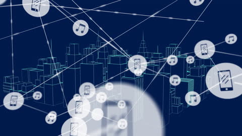 Digital Network and Music Connection Over Modern Cityscape