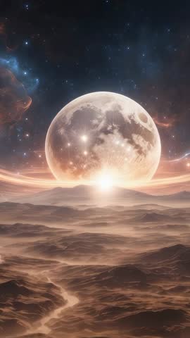 Emerging cratered moon rising over alien dunes with glowing gas rings vertical sci-fi video
