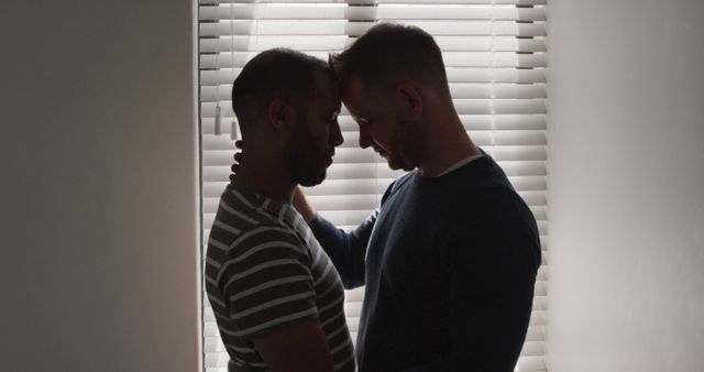 Multi ethnic gay male couple embracing by window. enjoying staying at home in self isolation in quarantine lockdown.
