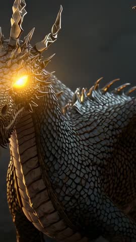 Cinematic Vertical Dragon Turning Head with Pulsing Orange Eye and Horned Armor