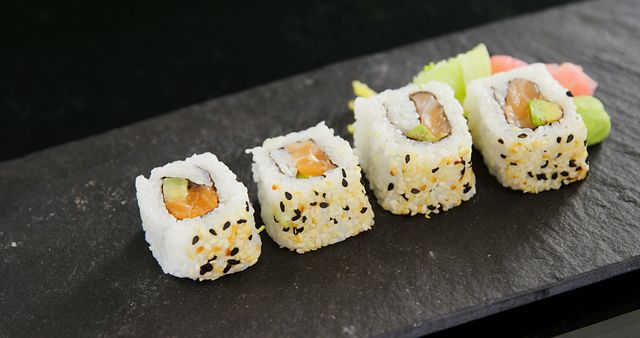 Close-Up of Delicious Sushi Rolls on Black Slate Board - Download Free Stock Images Pikwizard.com