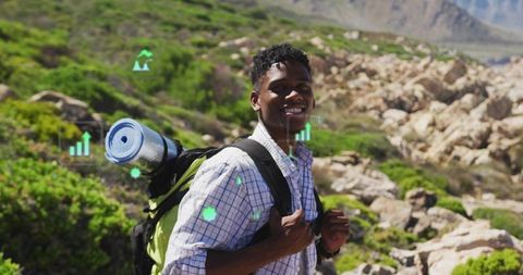 Smiling Hiker with Backpack on Rocky Landscape Hiking Expedition