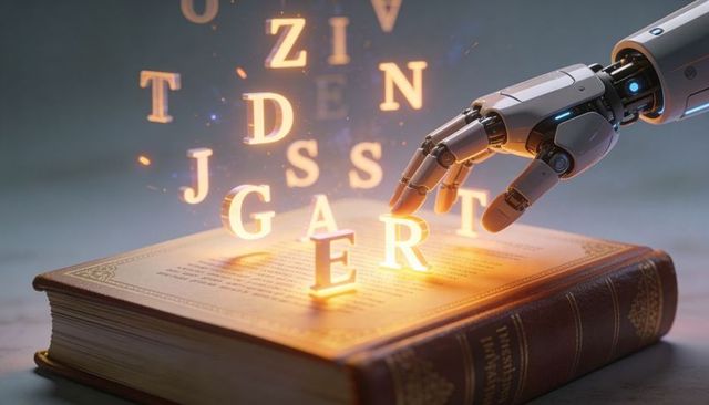 Robotic hand guiding glowing letters levitation above antique leather book