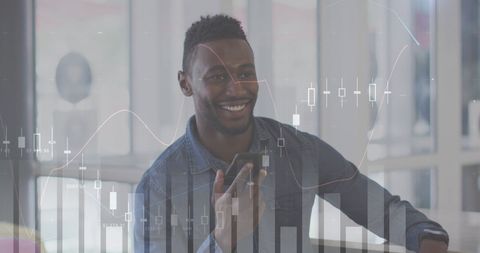 Smiling Professional Using Smartphone with Financial Data Overlay