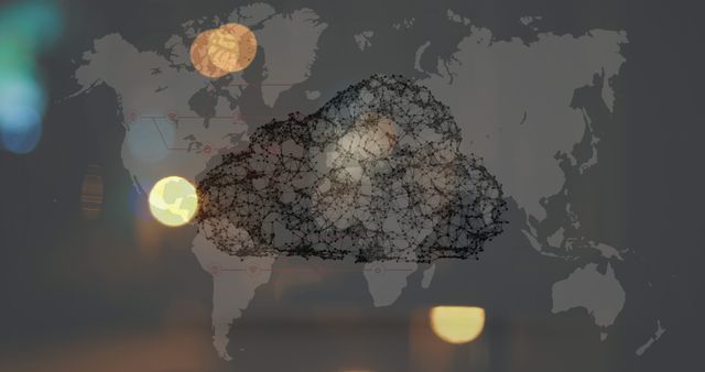 Depicts abstract concept of global cloud computing and connectivity, featuring interconnected networks overlaying world map with bright lights. Ideal for illustrating topics in global communication, data technology, network security, IT industry, cloud services, and digital transformation in corporate presentations or websites.
