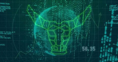 Neon Wireframe Bull Head Over Digital Globe Visualizing Bull Market Cybersecurity HUD
