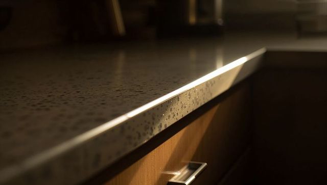 Sunlit speckled quartz countertop with warm wood cabinet and metal handle highlight