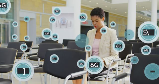 Businesswoman in Conference Room with Futuristic 6G Technology Visualizations - Download Free Stock Images Pikwizard.com