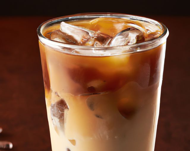 Close up of iced coffee created using generative ai technology. Coffee, flavour and food concept, digitally generated image.