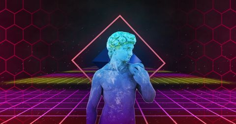 Retro futuristic statue with neon grid background