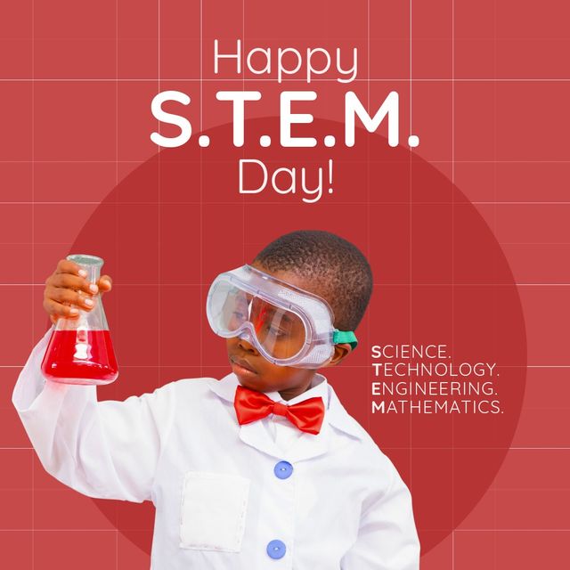 Composition of happy stem day text over african american boy with beaker. Stem day and science concept digitally generated image.