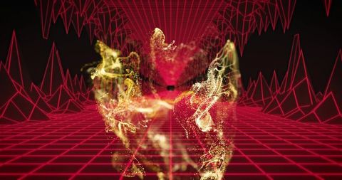 Streaming golden particle plume through neon wireframe tunnel with red retrofuturistic grid