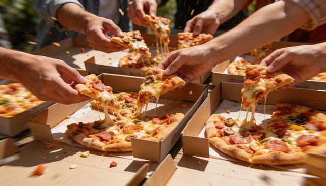 Friends sharing pepperoni pizza outdoors pulling stretching melted cheese slices picnic
