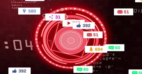 Pulsing Red HUD with Floating Notification Badges and Analytics Counters, Neon Futuristic Interface