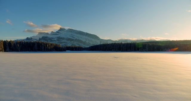 A serene winter landscape showcases a snow-covered field with a majestic mountain backdrop under a clear blue sky, with copy space. The tranquil scene captures the beauty of a pristine natural environment in the colder months.