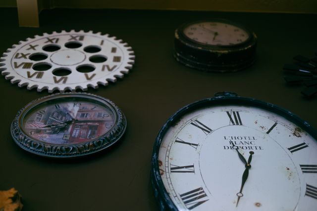 Various vintage wall clocks with Roman numerals are displayed on a rustic background. This image is ideal for themes related to antique collections, vintage decor, and timekeeping. It can be used for projects involving interior design, history of timepieces, and DIY vintage decorations.