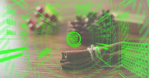 Cinnamon sticks with neon ar overlays on wooden tabletop, holographic hud and warm bokeh