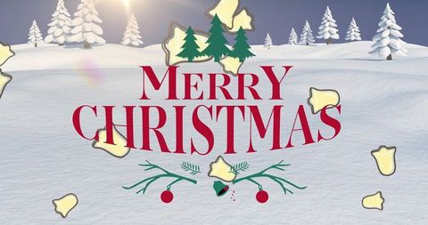 Merry christmas bold red typography over snowy winter landscape with pine trees and bells