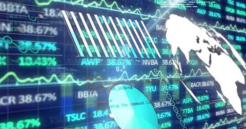Neon financial dashboard showing global market data, stock tickers, line charts, pie chart