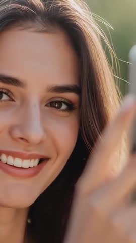 Sunlit Smiling Woman Taking Vertical Selfie with Smartphone in Park Closeup Portrait