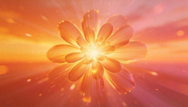 Glowing floral burst emitting golden rays with translucent petals and sparkling particles