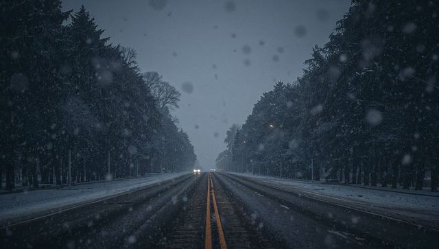 Snowy midnight highway framed by evergreen trees with glowing headlights and yellow lines