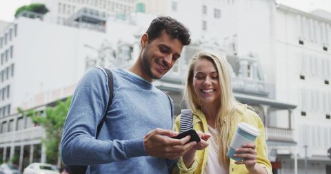 Happy Couple Exploring City with Coffee - Download Free Stock Images Pikwizard.com