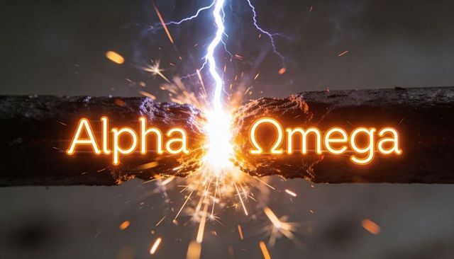 Lightning-struck metal bar splitting with glowing alpha omega neon sparks, molten embers