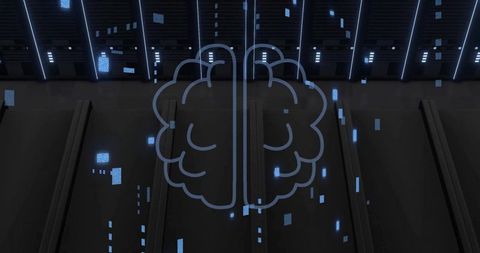 Neon Holographic Brain Hovering Over Dark Server Racks with Floating Data Pixels