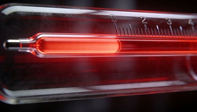 Macro glass thermometer with glowing red liquid column and etched scale, medical lab