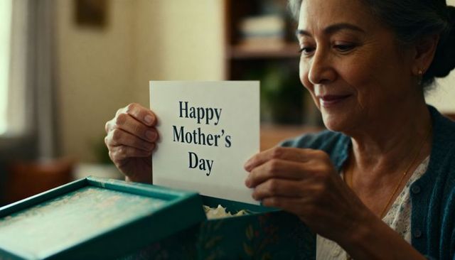 Senior woman reading mother's day card while opening teal gift box, tender cozy moment