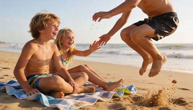 Sunlit kids laughing on beach towel while friend jumps in sand beside ocean waves
