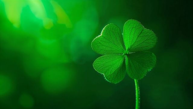 Backlit four-leaf clover revealing veins and dew droplets in green macro closeup