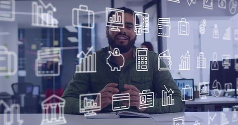 Bearded professional presenting financial data with digital icons overlay in modern office