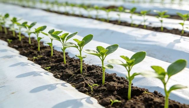 Seedlings growing in plastic-mulched crop rows under morning light for commercial farming