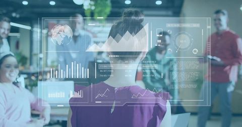 Business leader presenting holographic data dashboard to team in modern collaborative office