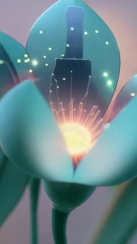 Futuristic metallic flower pulsing core folding petals retracting filaments vertical video