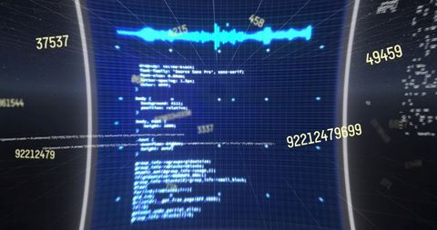 Curved futuristic hud display showing blue waveform, floating code and telemetry numbers