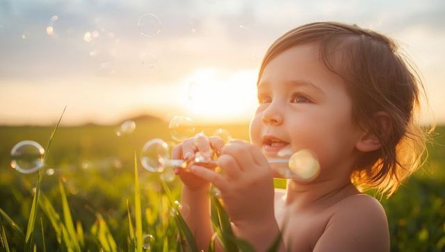 Joyful toddler blowing bubbles in sunset grass