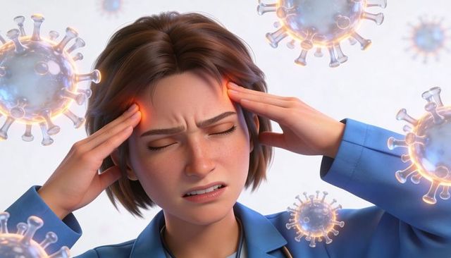 Clinician holding temples, grimacing amid floating virus particles, healthcare stress