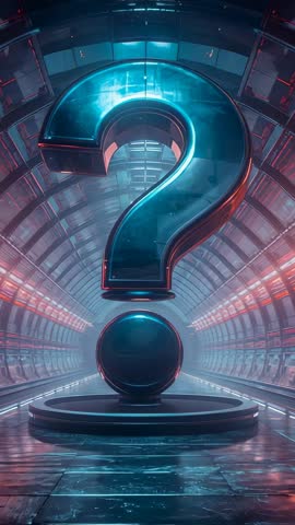 Vertical Cinematic Close-in on Futuristic Neon Question Mark Sculpture in Reflective Tunnel