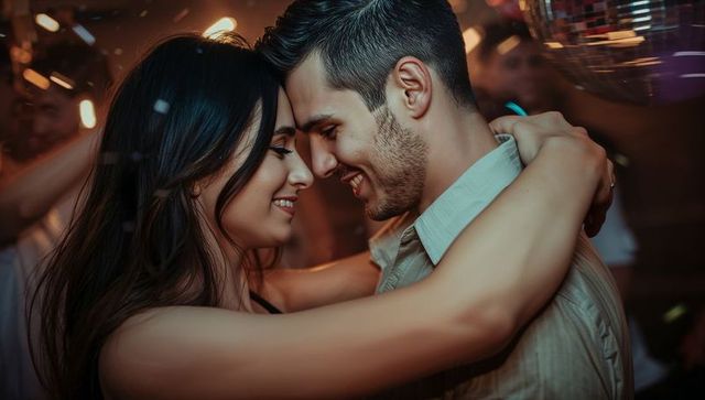 Young couple embracing and smiling in intimate nightclub dance under disco ball lights