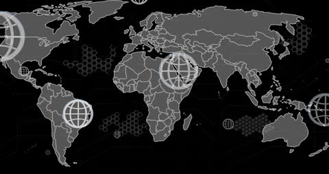 Gray World Map with Digital Grid Overlay